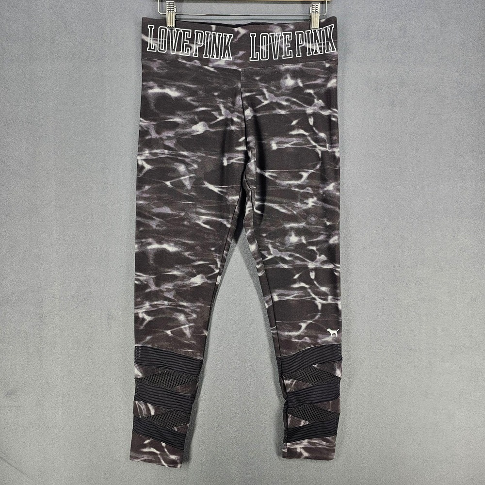 PINK Victoria's Secret Yoga Leggings Womens Large Gray Tie Dye Mesh Moto Ankle